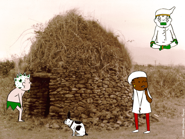 Treefrog and Cardamon Rose (and Saturn) nervously investigate a mysterious stone hut.